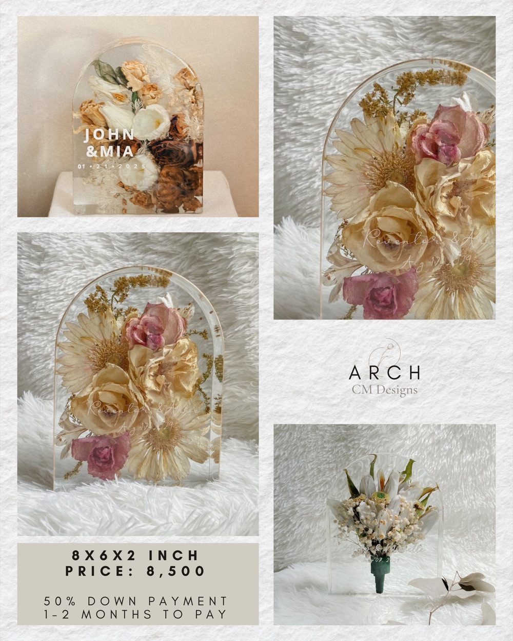 Arch price card: photos of the preserved-flower resin piece, 8 &times; 6 &times; 2 in, ₱8,500