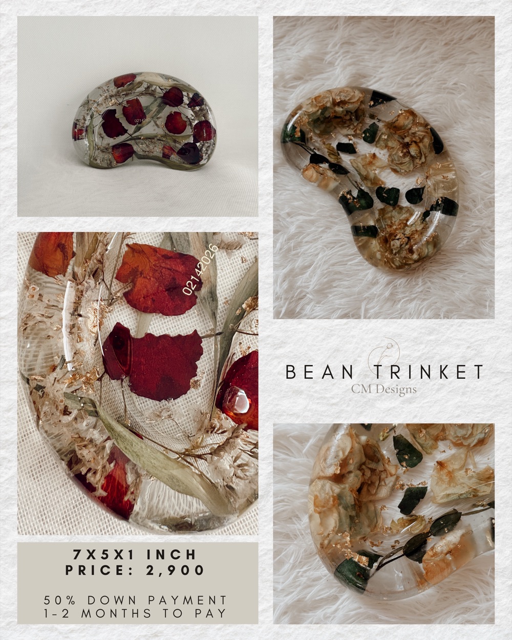 Bean Trinket price card: photos of the preserved-flower resin piece, 7 &times; 5 &times; 1 in, ₱2,900