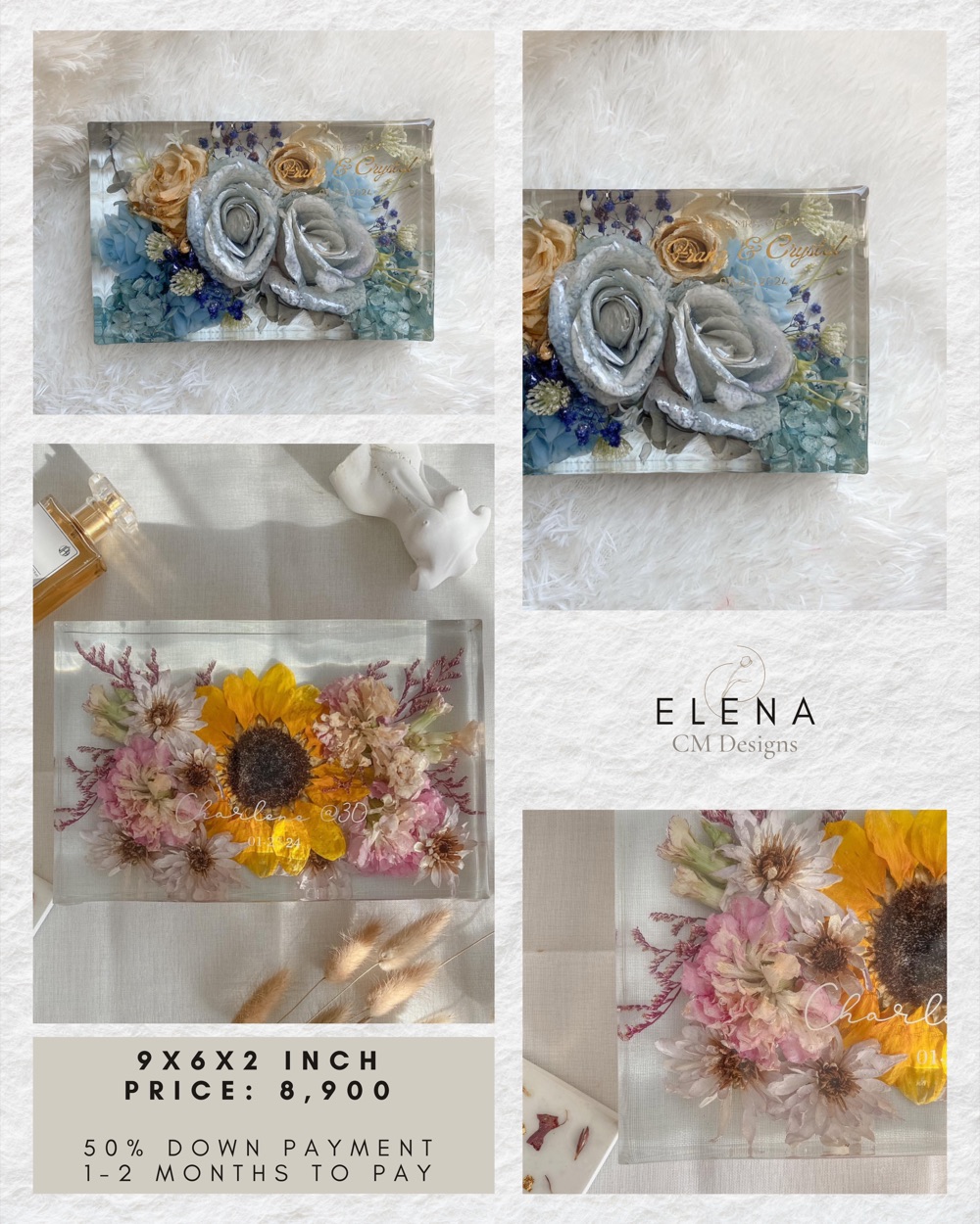 Elena price card: photos of the preserved-flower resin piece, 9 &times; 6 &times; 2 in, ₱8,900