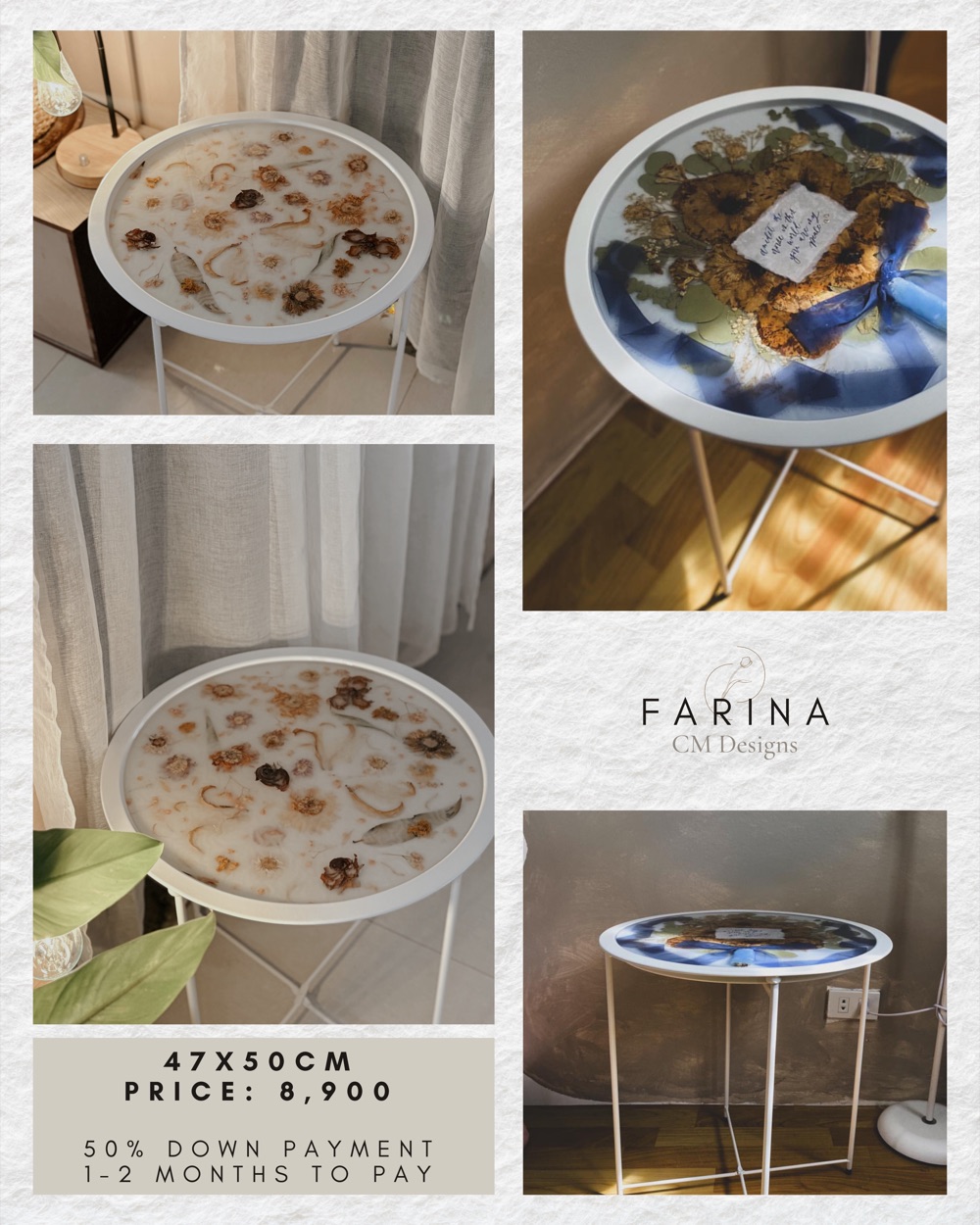 Farina price card: photos of the preserved-flower resin piece, 47 &times; 50 cm, ₱8,900