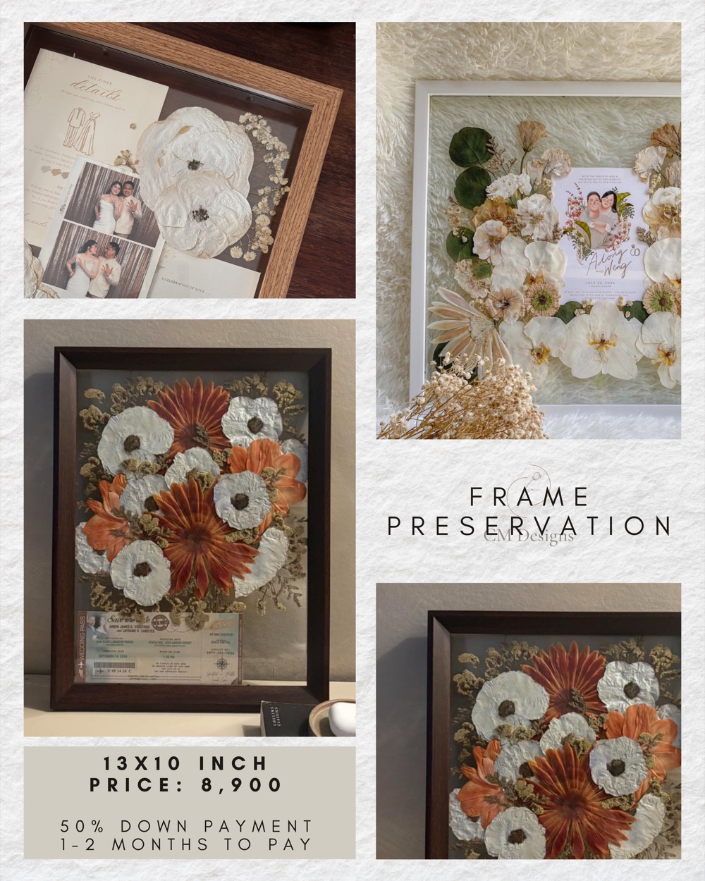 Frame Preservation price card: photos of the preserved-flower resin piece, 13 &times; 10 in, ₱8,900