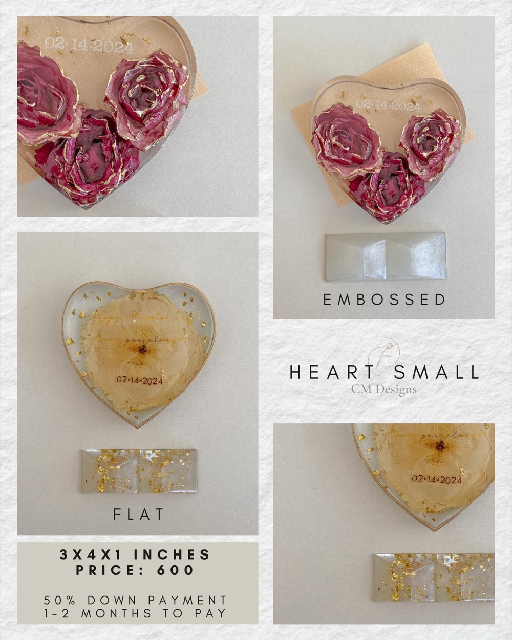 Heart Small price card: photos of the preserved-flower resin piece, 3 &times; 4 &times; 1 in &middot; flat or embossed, ₱600
