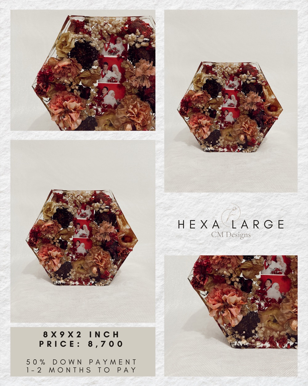 Hexa Large price card: photos of the preserved-flower resin piece, 8 &times; 9 &times; 2 in, ₱8,700