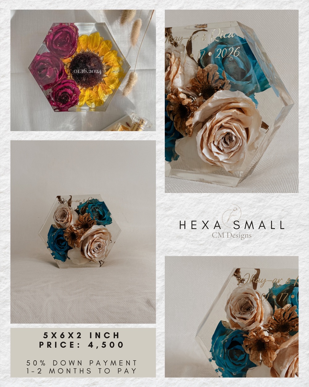 Hexa Small price card: photos of the preserved-flower resin piece, 5 &times; 6 &times; 2 in, ₱4,500
