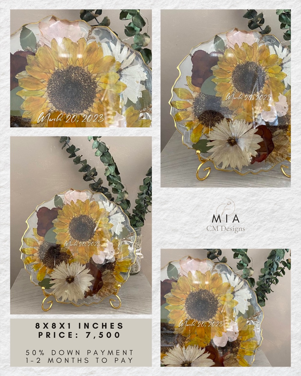 Mia price card: photos of the preserved-flower resin piece, 8 &times; 8 &times; 1 in, ₱7,500