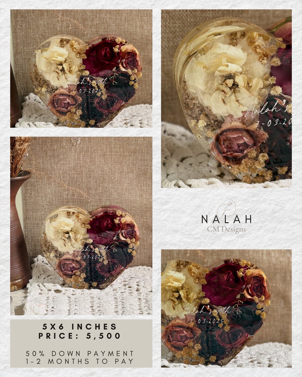 Nalah price card: photos of the preserved-flower resin piece, 5 &times; 6 in, ₱5,500